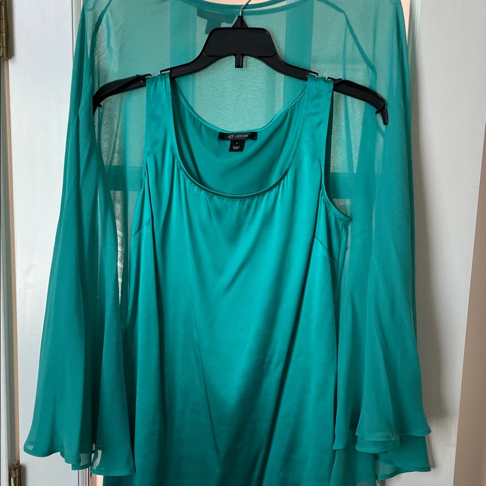 St. John Teal Sheer Chiffon Cape and Silk Camisole (2pc) - Picture 11 of 12